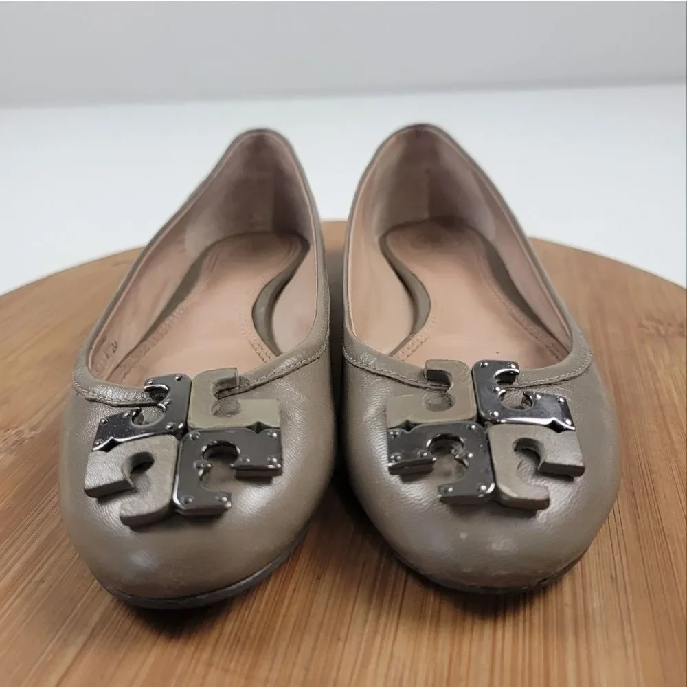 Tory Burch Taupe Leather Logo Ballet Flats